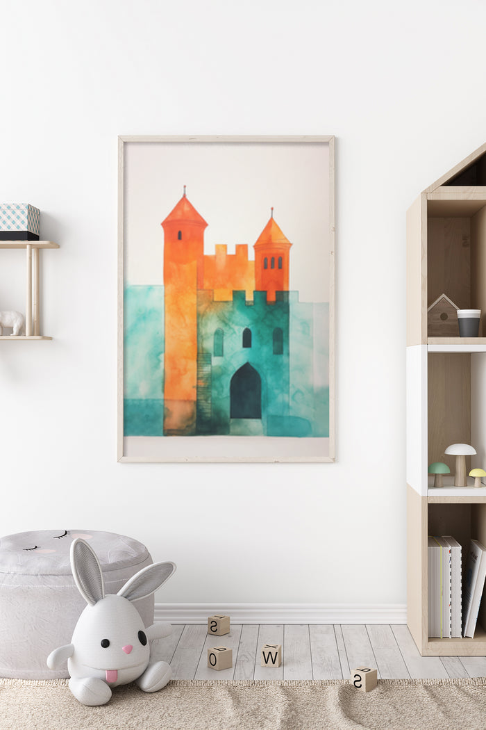 Watercolor castle art poster in a modern interior setting
