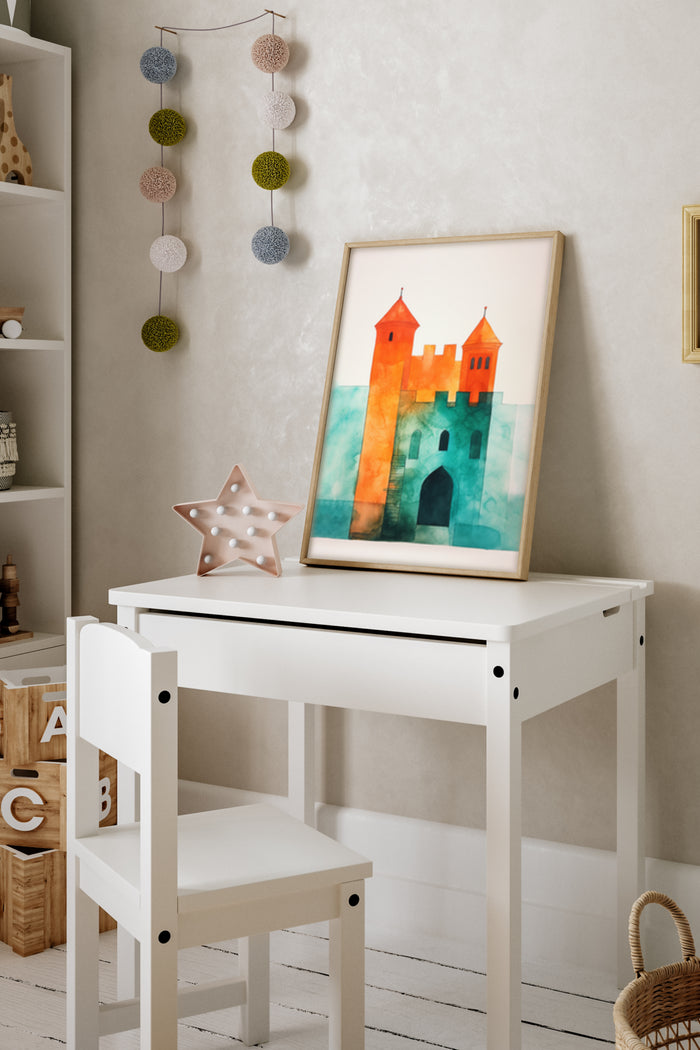Watercolor castle painting in a wooden frame displayed in a children's room with decorative elements