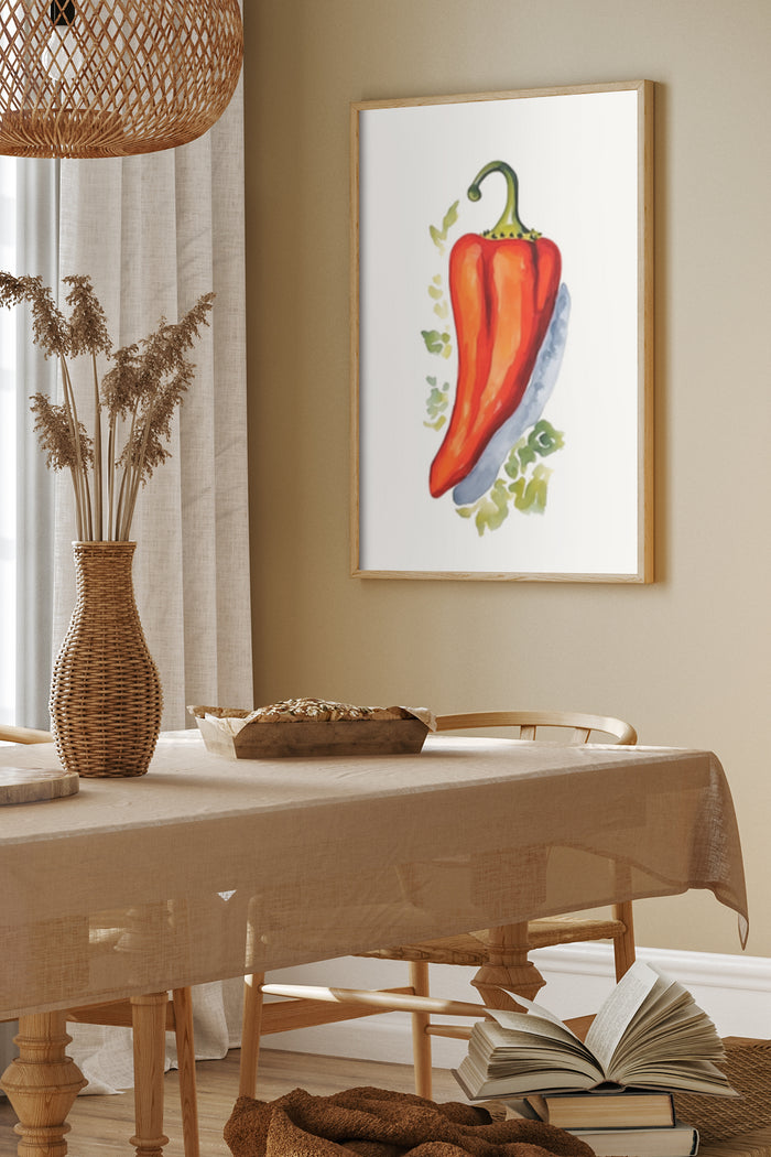 Colorful watercolor chili pepper painting in a modern dining room setting