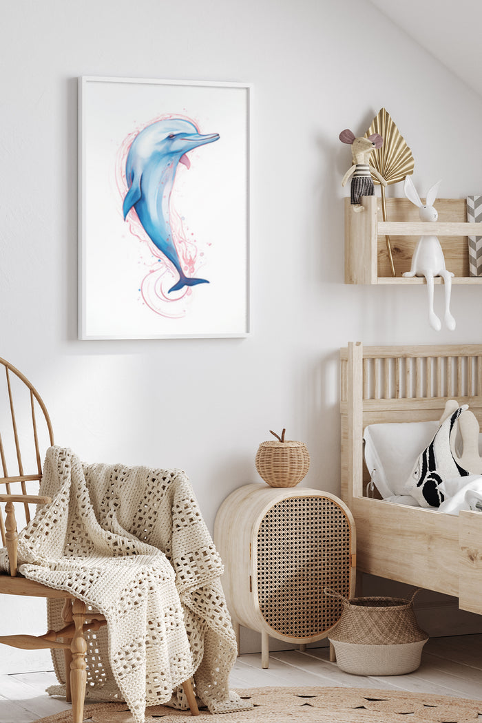 Watercolor dolphin jumping artwork poster displayed in a contemporary home interior