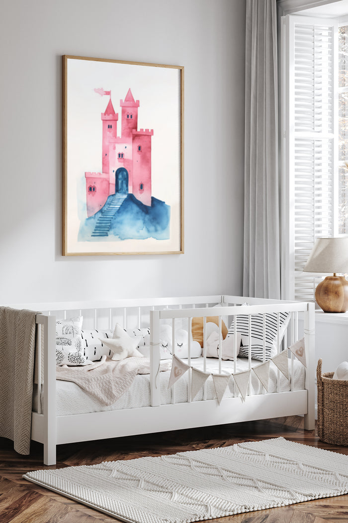 Watercolor painting of a pink castle with blue accents displayed in a modern nursery room