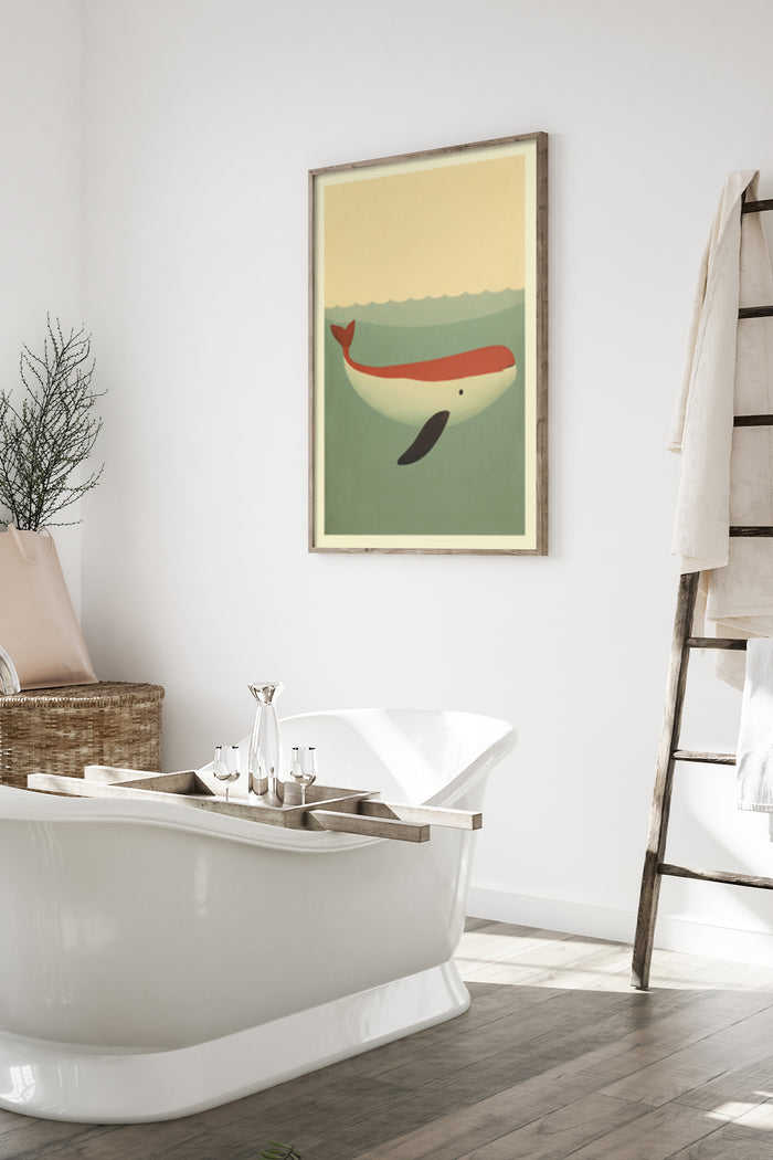Modern minimalist whale illustration poster in bathroom decor