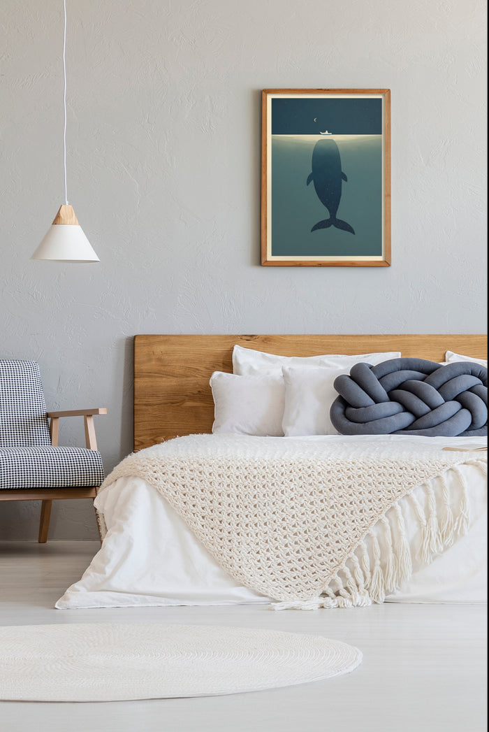 Minimalist whale poster in a modern bedroom interior with stylish decor