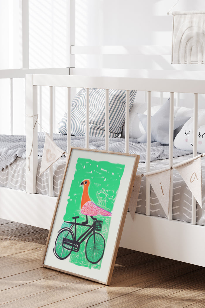 Whimsical artwork of an orange bird sitting on a black bicycle against a green abstract background placed in a modern nursery room