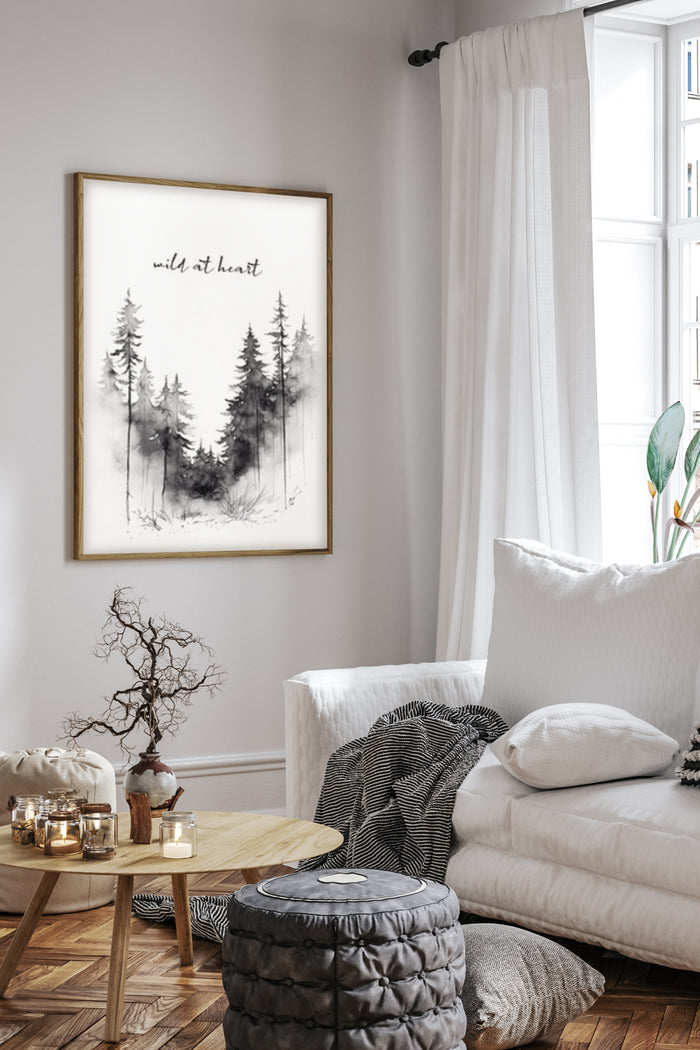 Minimalistic Wild at Heart Forest Watercolor Poster in Modern Living Room Decor