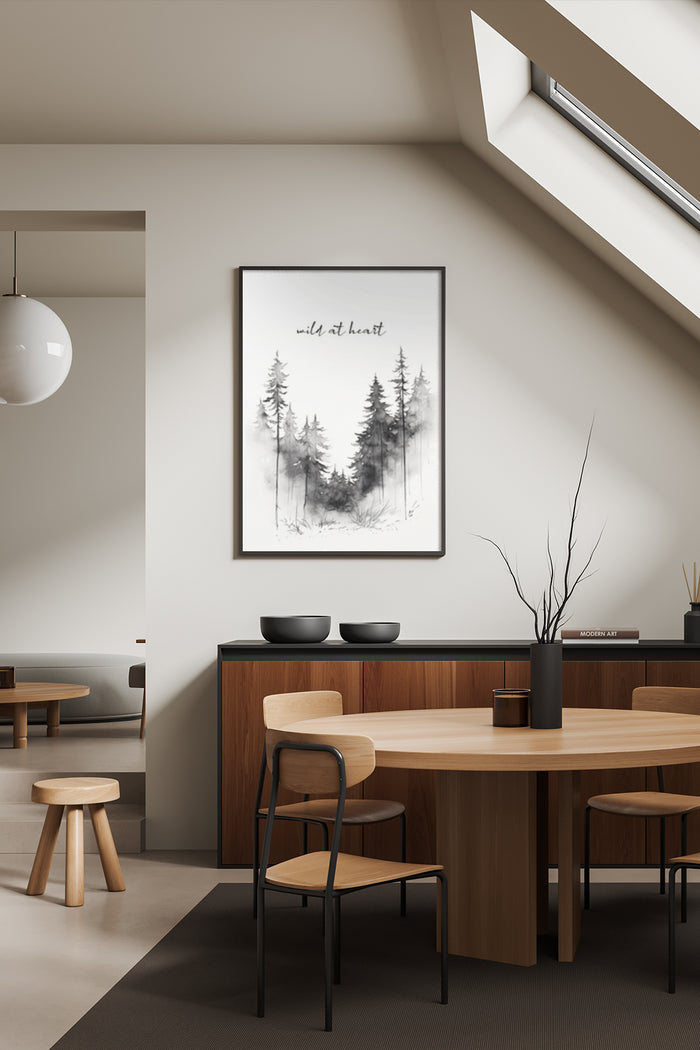 Monochrome forest artwork poster with 'wild at heart' text in a stylish modern interior