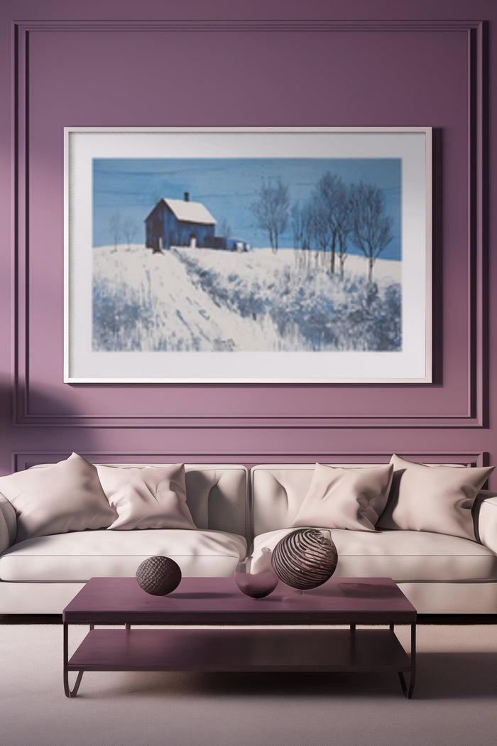 Winter landscape painting with a barn in a snowy field, displayed on a living room wall