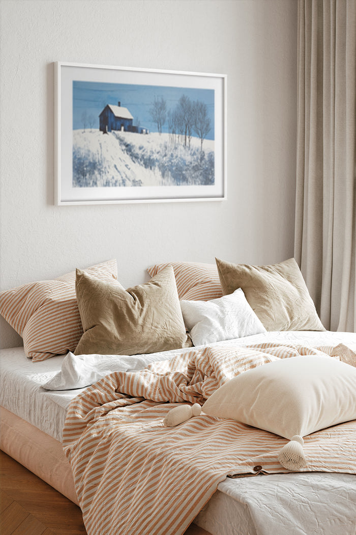 Winter landscape poster in a modern bedroom setting, wall art decoration