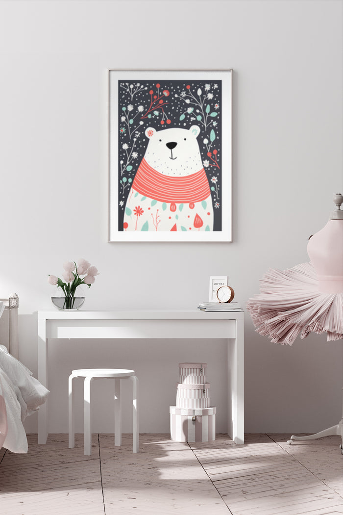 Winter-themed illustration of a polar bear wearing a red scarf poster in a modern room decor