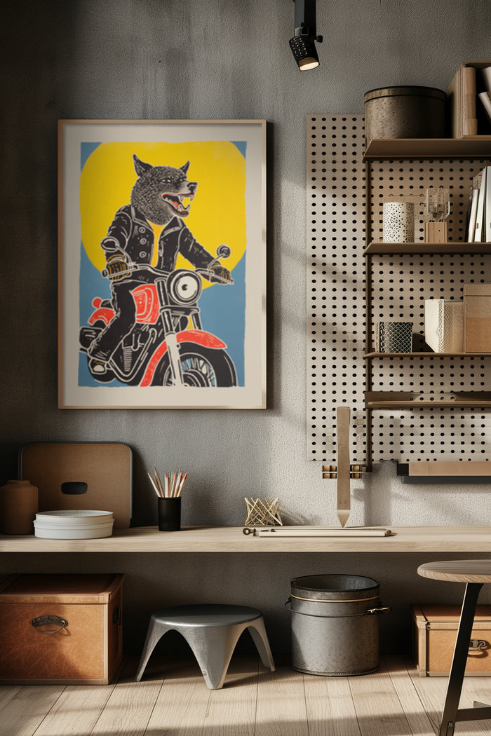 Stylized pop art poster featuring a wolf character riding a motorcycle for trendy interior decoration