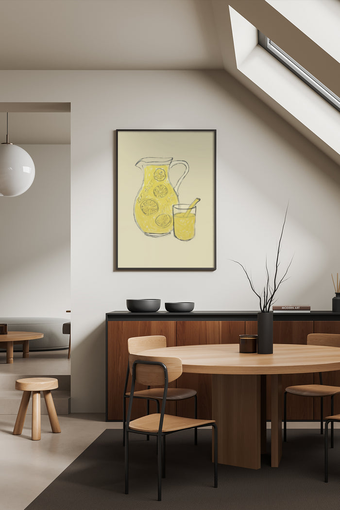 Yellow lemonade pitcher and glass drawing poster in modern dining room decor