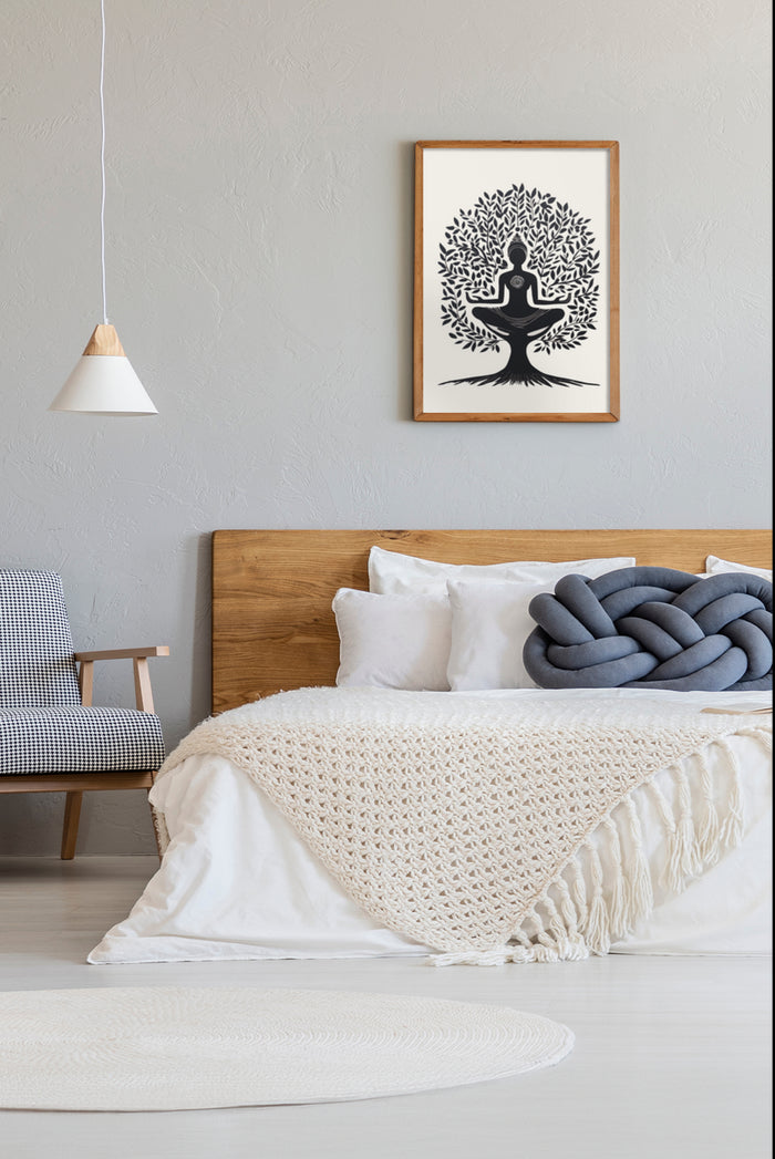 Yoga meditation tree artwork in a modern bedroom setting with cozy bedding and natural wood furniture