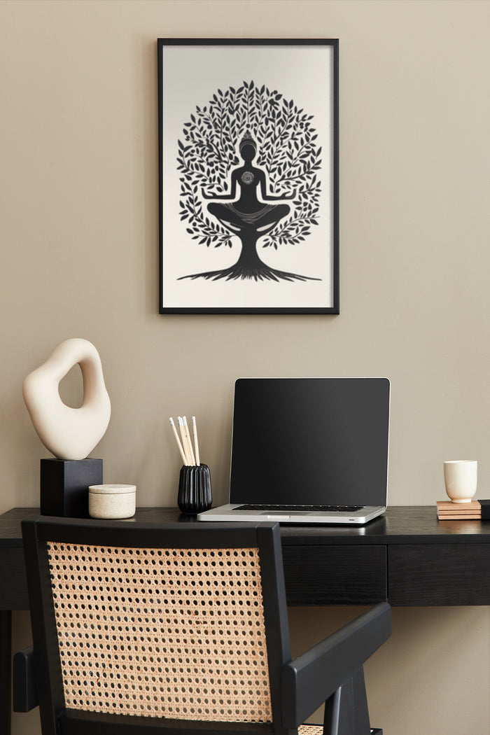 Black and white yoga posture tree artwork on home office wall