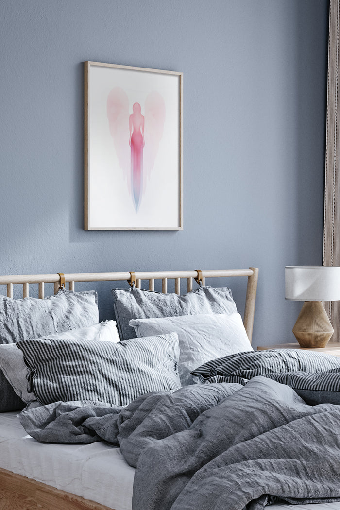 Abstract angel figure painting poster in a modern bedroom interior above the bed