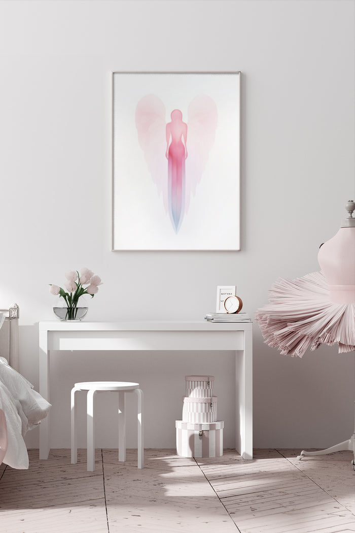 Modern abstract painting of an angelic figure with wings in a chic interior setting