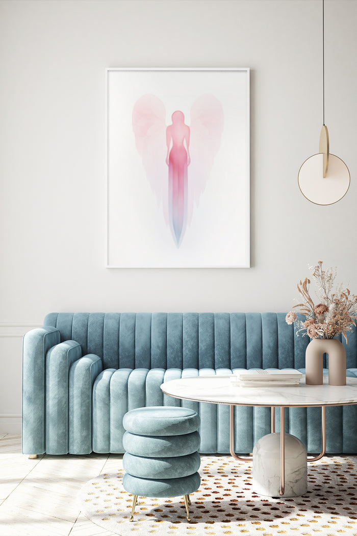 Abstract angelic figure art poster hanging in a contemporary living room setting