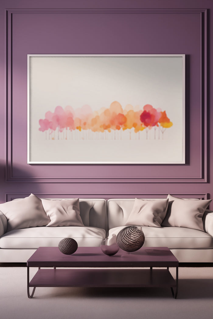Contemporary abstract watercolor trees artwork displayed in a stylish living room with a purple wall and a beige sofa