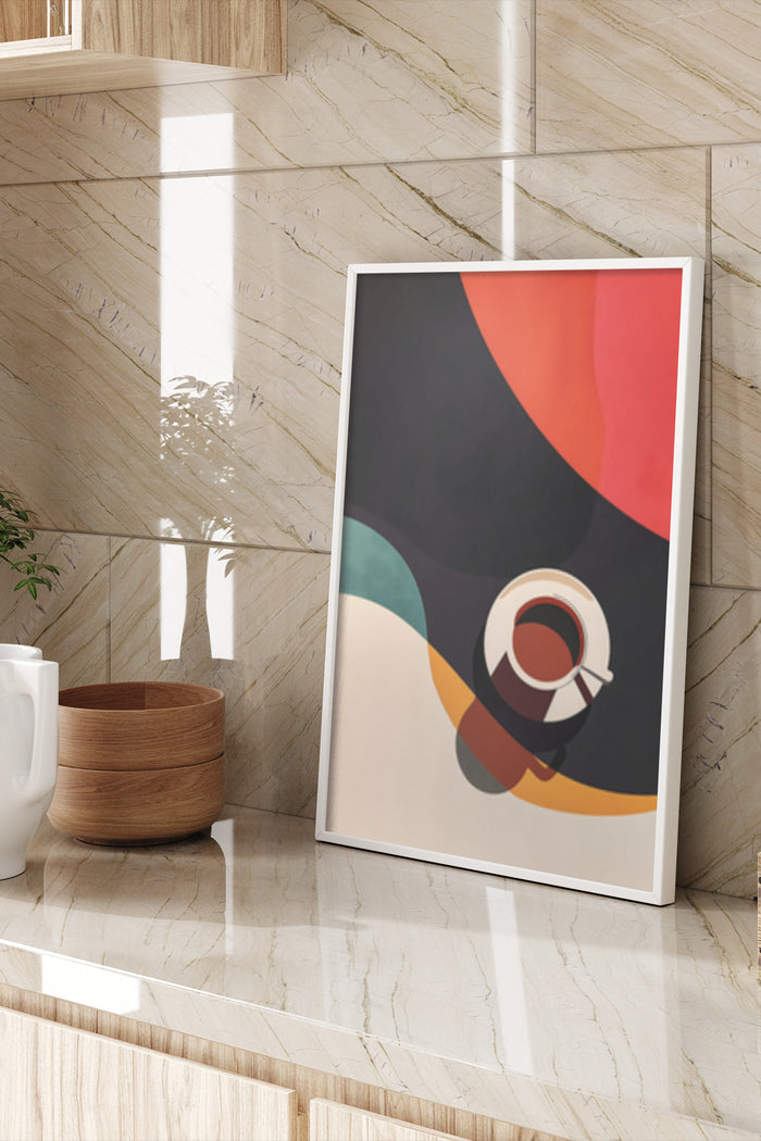 Modern abstract geometric art poster displayed in a stylish interior setting