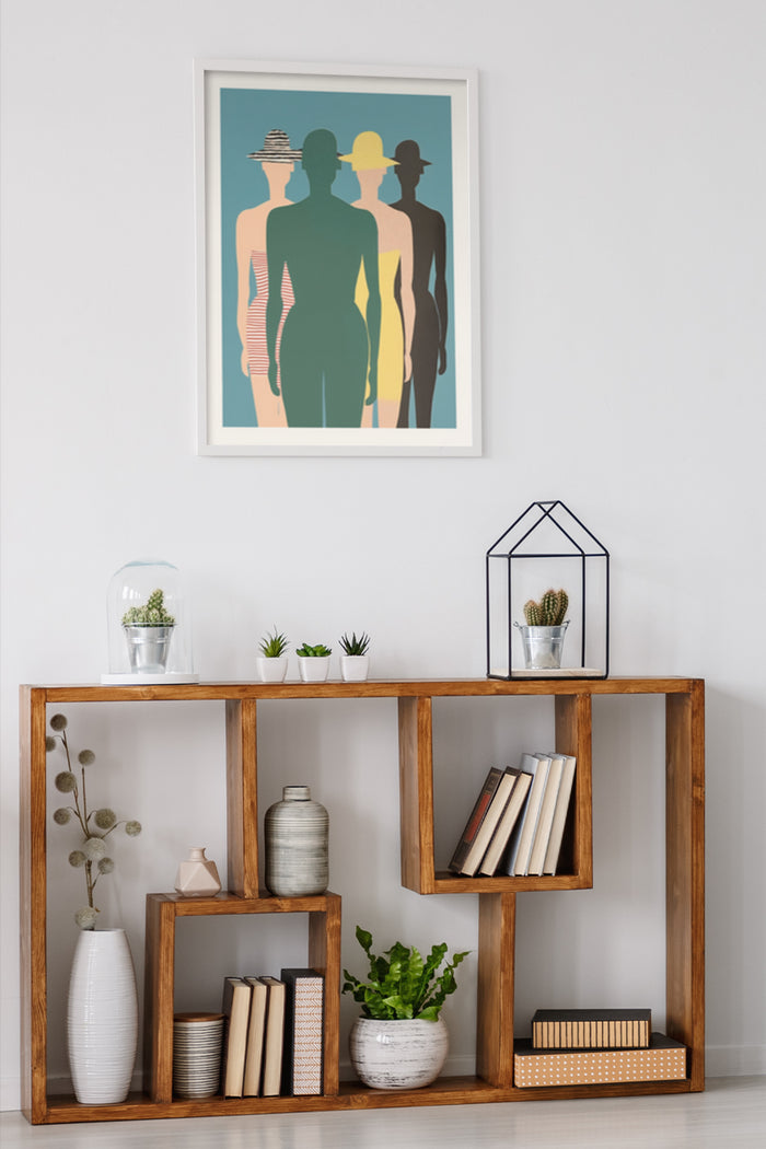 Abstract modern art poster depicting three stylized figures in a contemporary room decor setting
