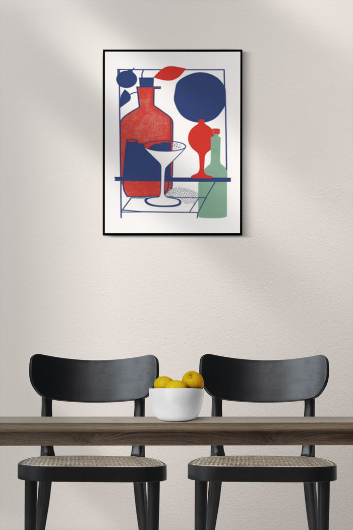 Abstract modern artwork poster with geometric shapes illustrating bottles and glasses in a contemporary home decor setting
