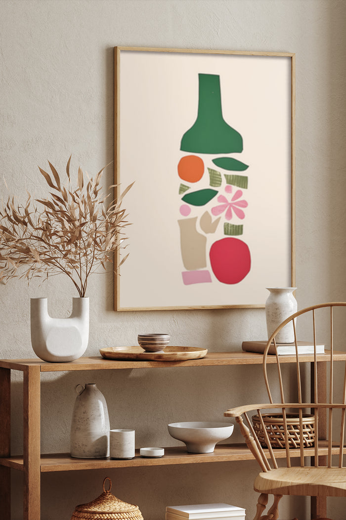 Minimalist abstract-art poster with vase and floral elements hanging in stylish living room interior