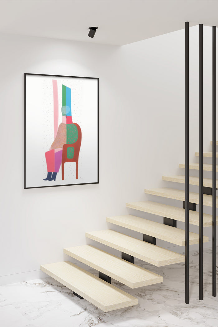 Modern abstract art poster featuring colorful geometric shapes displayed on a wall above a staircase