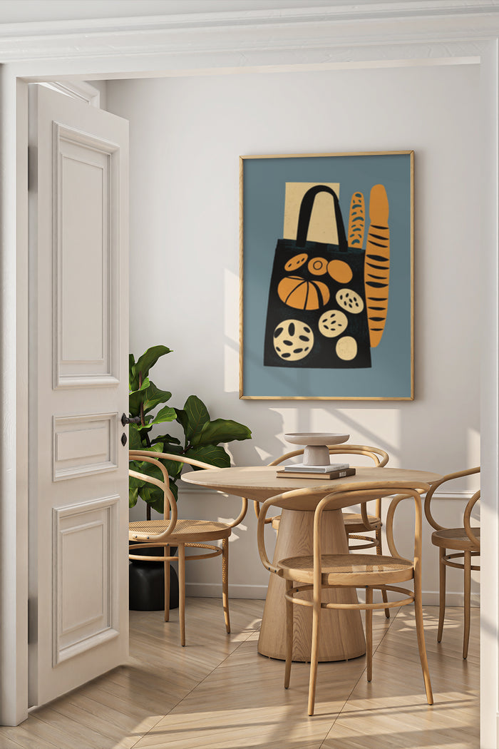 Abstract art poster with stylized bakery items in a modern dining room interior