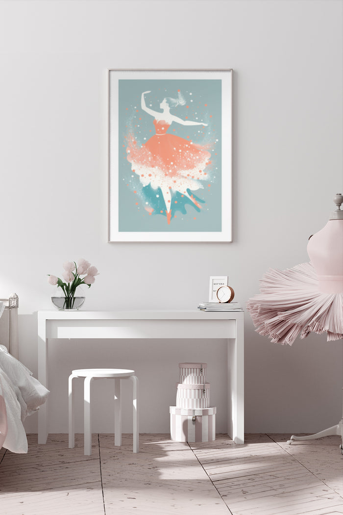 Abstract ballerina art poster in a contemporary room setting