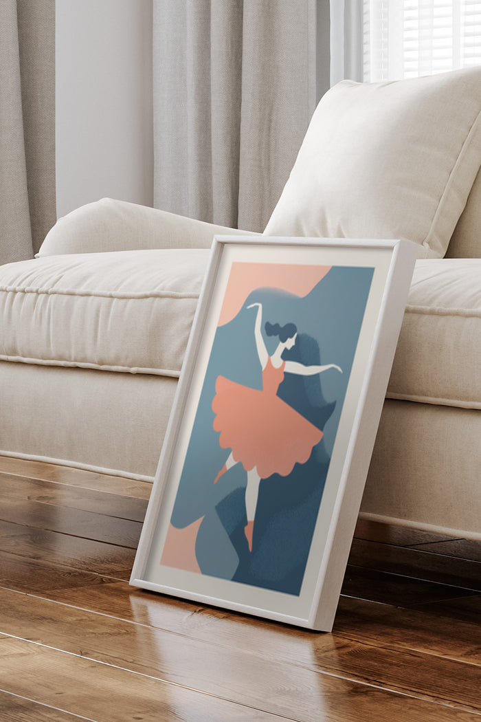 Stylized abstract ballet dancer artwork in a framed poster leaning against a living room sofa