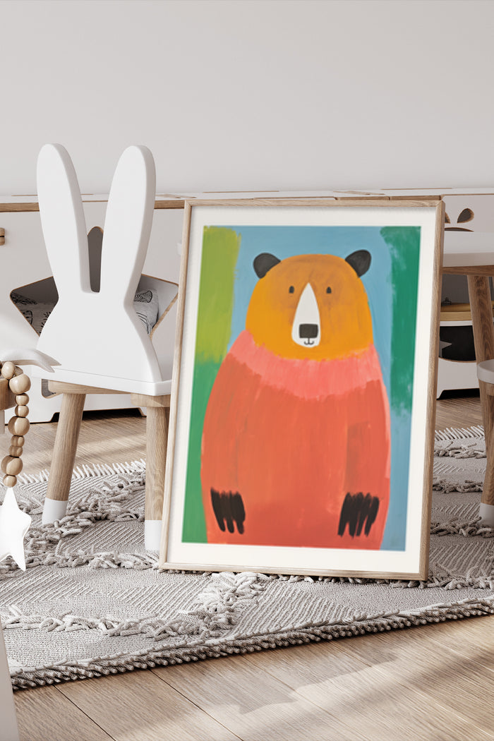 Abstract bear illustration in modern art style poster displayed in a home setting