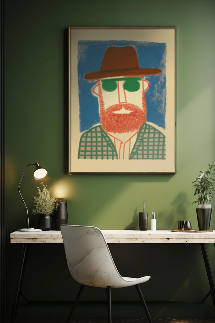 Abstract portrait of a bearded man with hat, modern art poster, stylish office decor