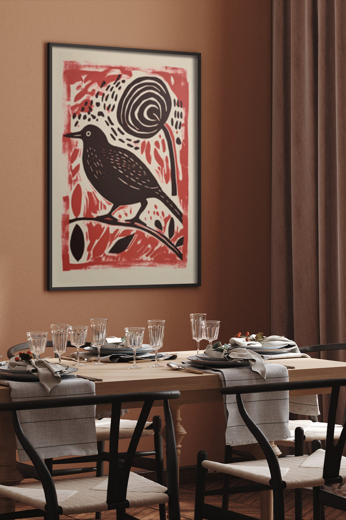Abstract red and black bird and snail artwork framed poster displayed in modern dining room interior