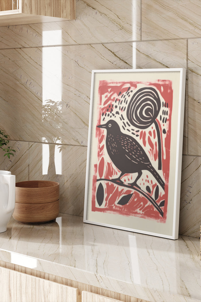 Abstract bird and spiral pattern in a red and black art poster framed on a marble wall