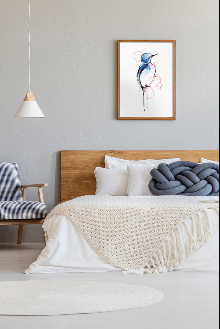 Modern abstract painting of a bird in a cozy bedroom setting