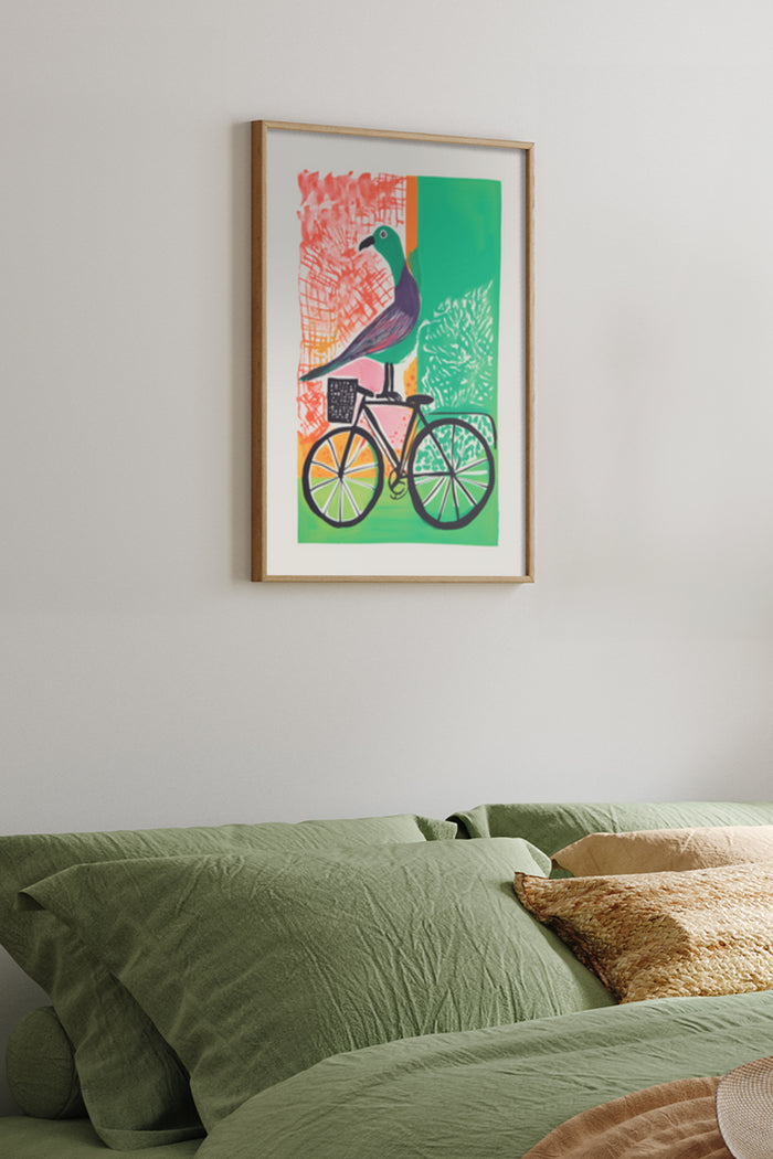 Abstract colorful poster of a bird riding a bicycle decorated in a modern bedroom setting