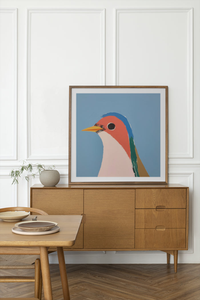 Abstract bird portrait art poster framed on wall in stylish interior design setting