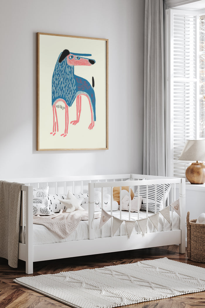 Abstract illustration of a blue dog in a modern nursery setting