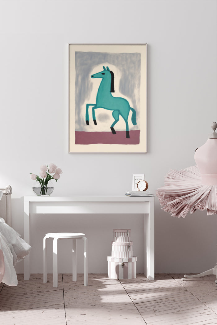 Abstract Blue Horse Painting in a Modern Minimalist Bedroom Decor