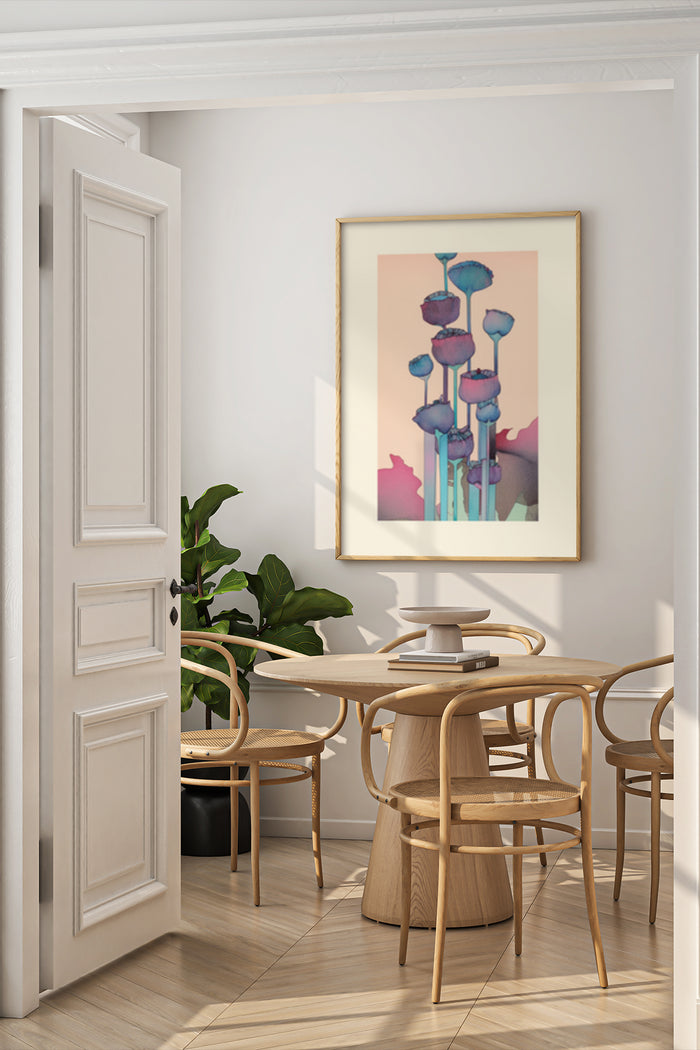 Abstract painting of blue poppies displayed in a contemporary dining room setting