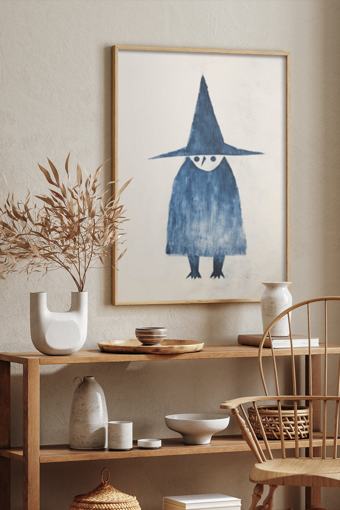 Abstract blue witch figure painting in wooden frame as modern home decor