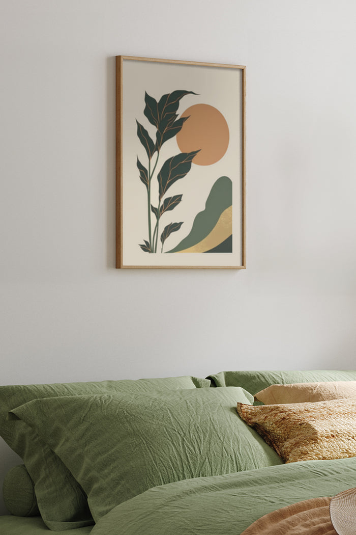 Abstract botanical art poster with warm tones in a bedroom setting