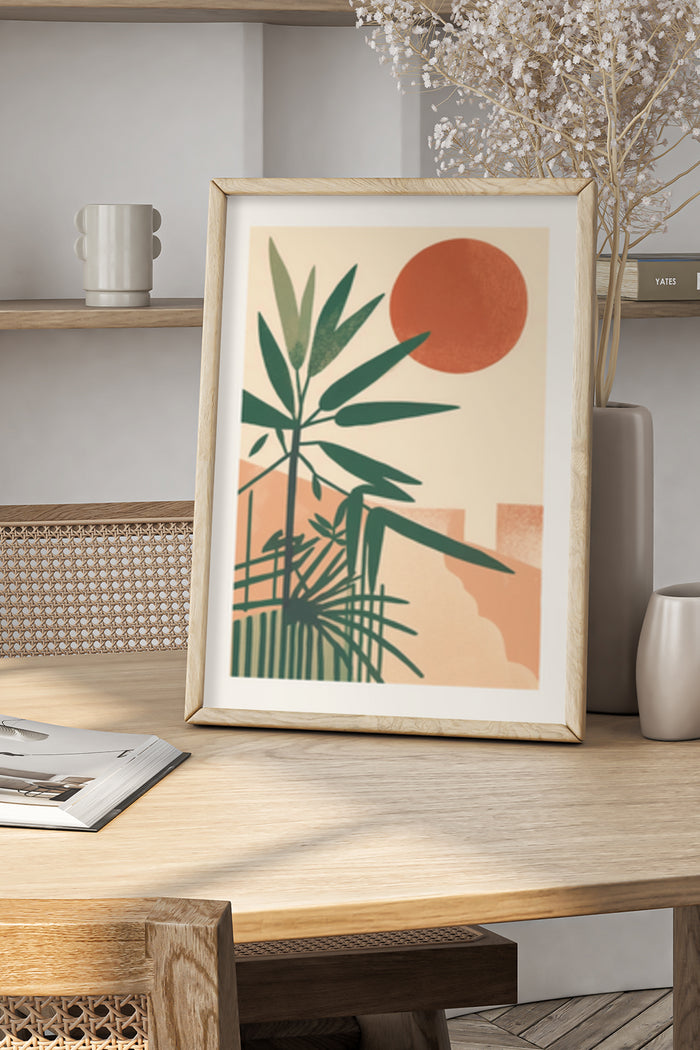 Minimalist abstract botanical art poster featuring a red sun and green plants in a simple frame displayed on a wooden table