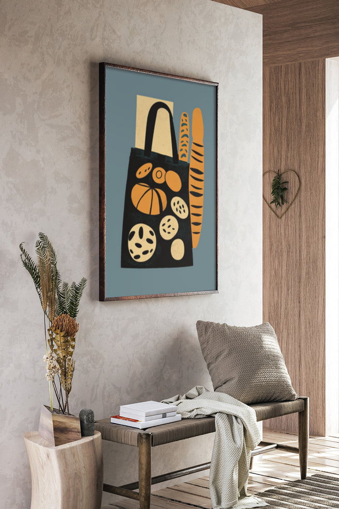 Abstract Art Poster with Stylized Bread and Bakery Goods in a Tote Bag
