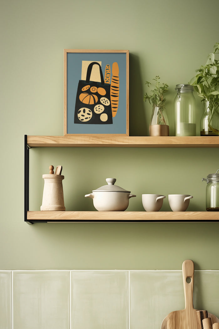 Abstract bunny with bread illustration in wooden frame on a kitchen shelf