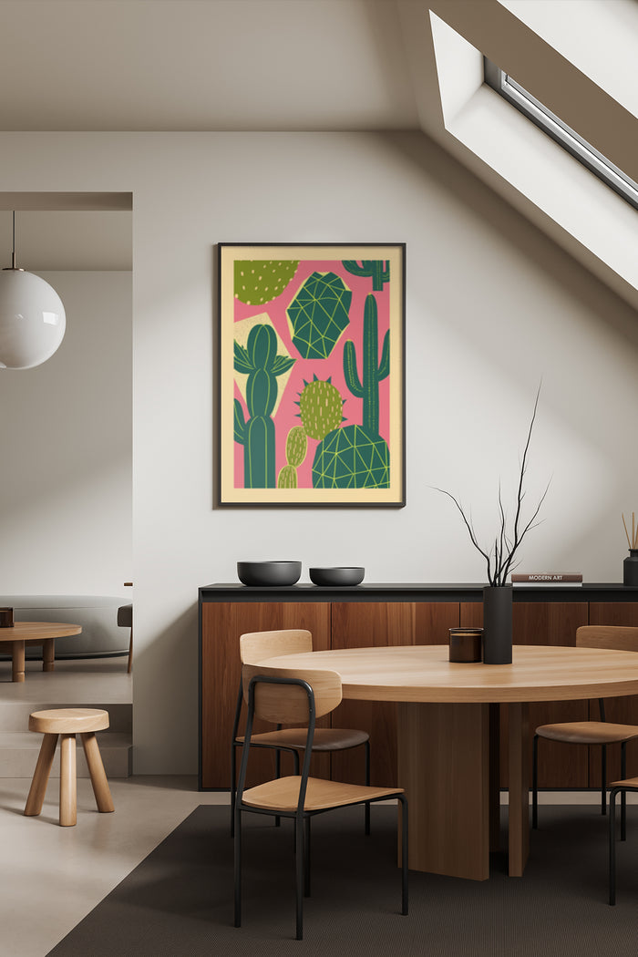 Colorful abstract cactus pattern art poster framed on a wall in a modern dining room interior design setting