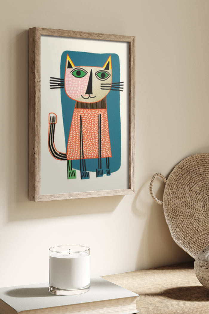 Colorful abstract cat illustration art poster displayed in a wooden frame on wall