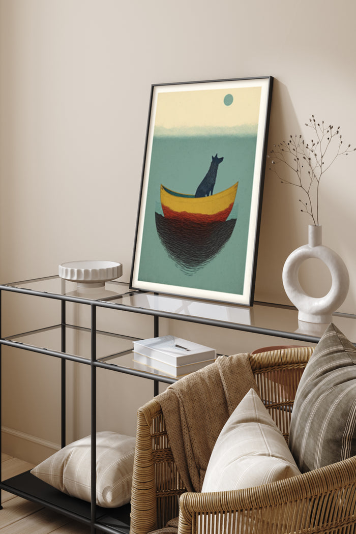 Abstract art poster of a cat in a boat with yellow and red colors against a teal background