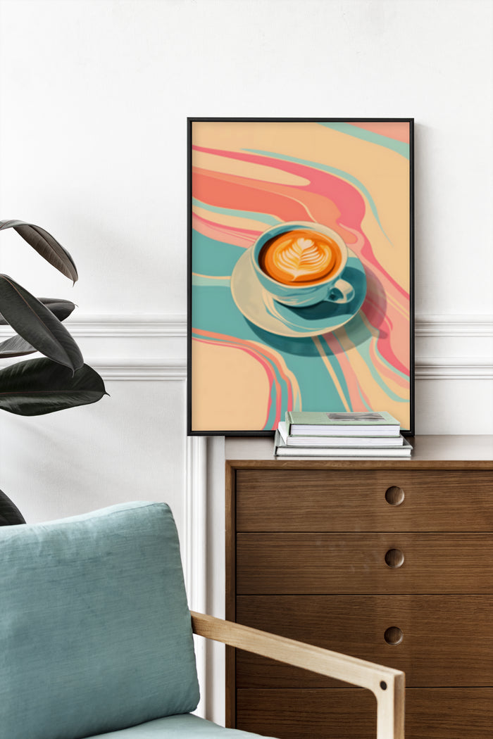 Abstract coffee cup art poster on wall above wooden dresser in stylish room