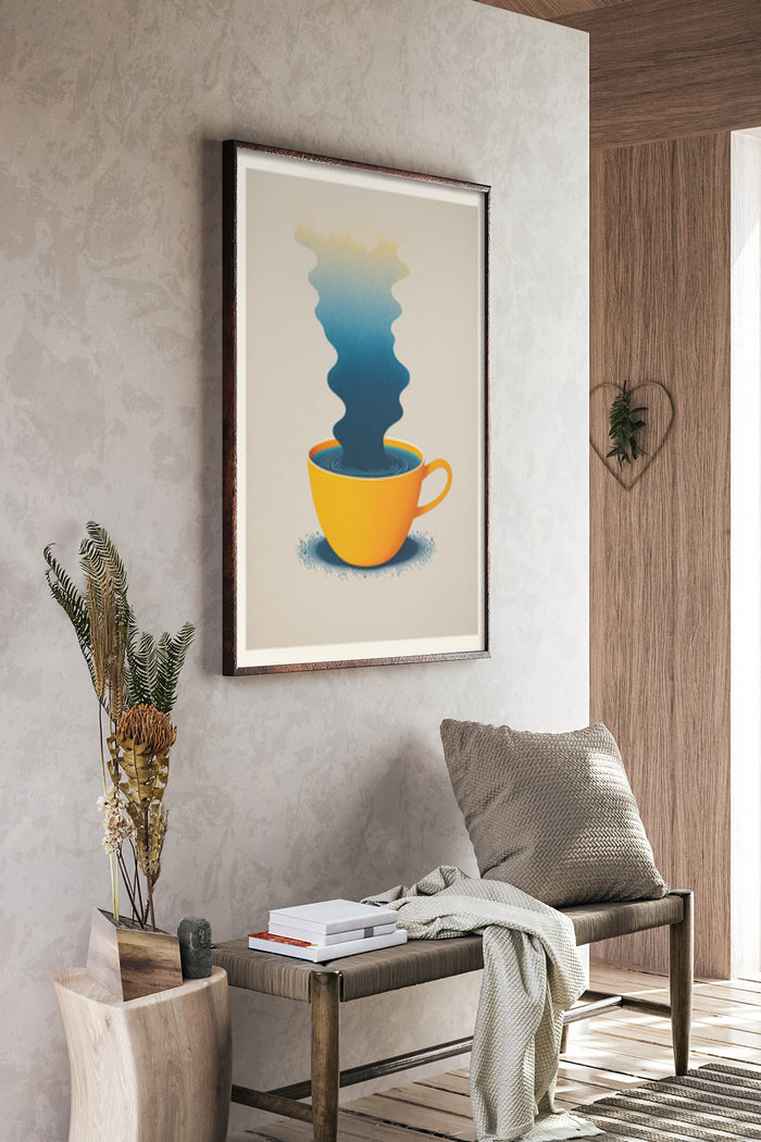 Modern abstract coffee cup silhouette art poster hanging on a living room wall