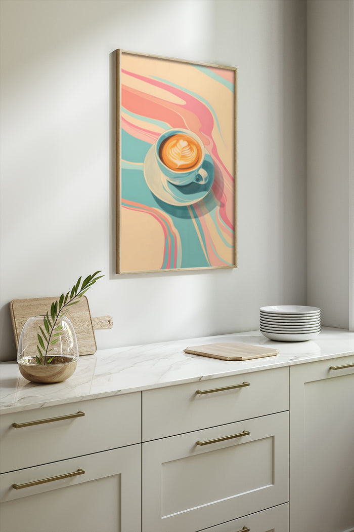 Modern abstract coffee cup poster with warm tones hanging in a stylish kitchen
